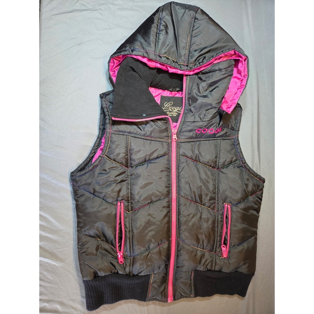 514 COOGI Australia XXL Puffer Vest Black Pink Multicolor Stitch Hood Y2K